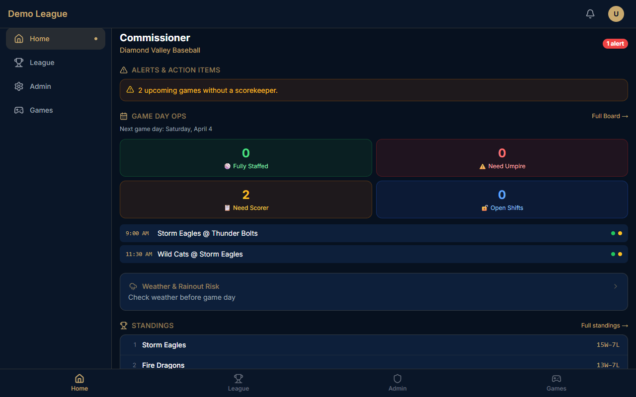 DiamondOS Free Tier — full features for leagues up to 4 teams, no credit card