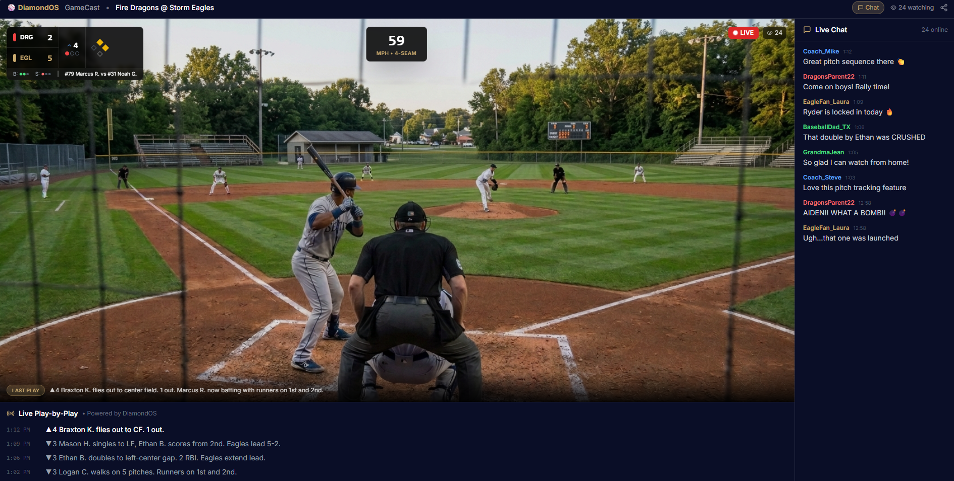 DiamondOS Live GameCast — live video streaming with score bug, play-by-play, and fan chat