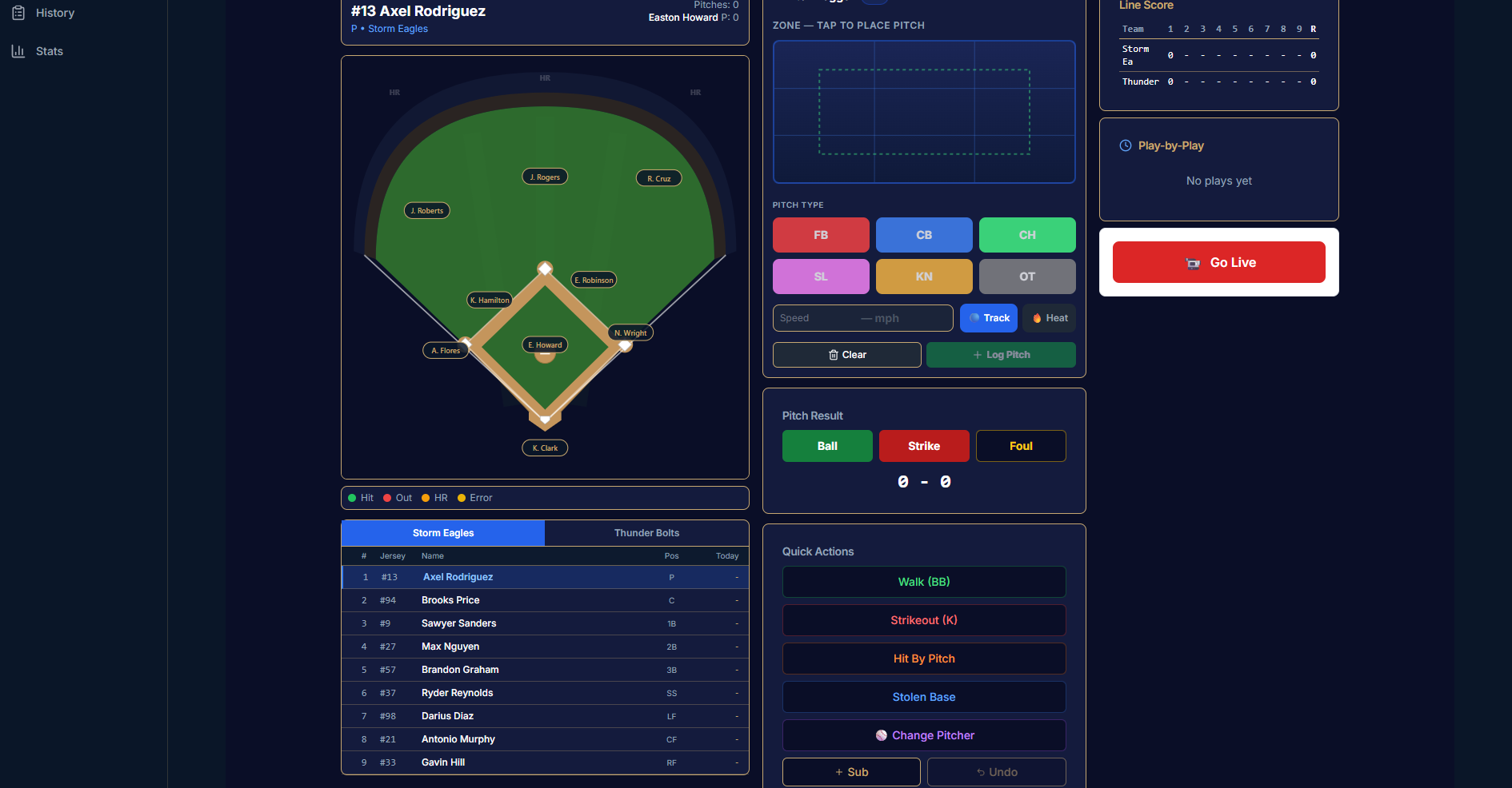 DiamondOS Scorekeeper — pitch tracking, spray charts, live analytics